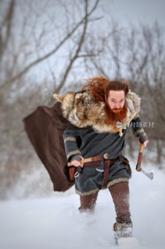Angry Attacking Medieval Winter Snow Viking Warrior, Animal Pelt, Ax